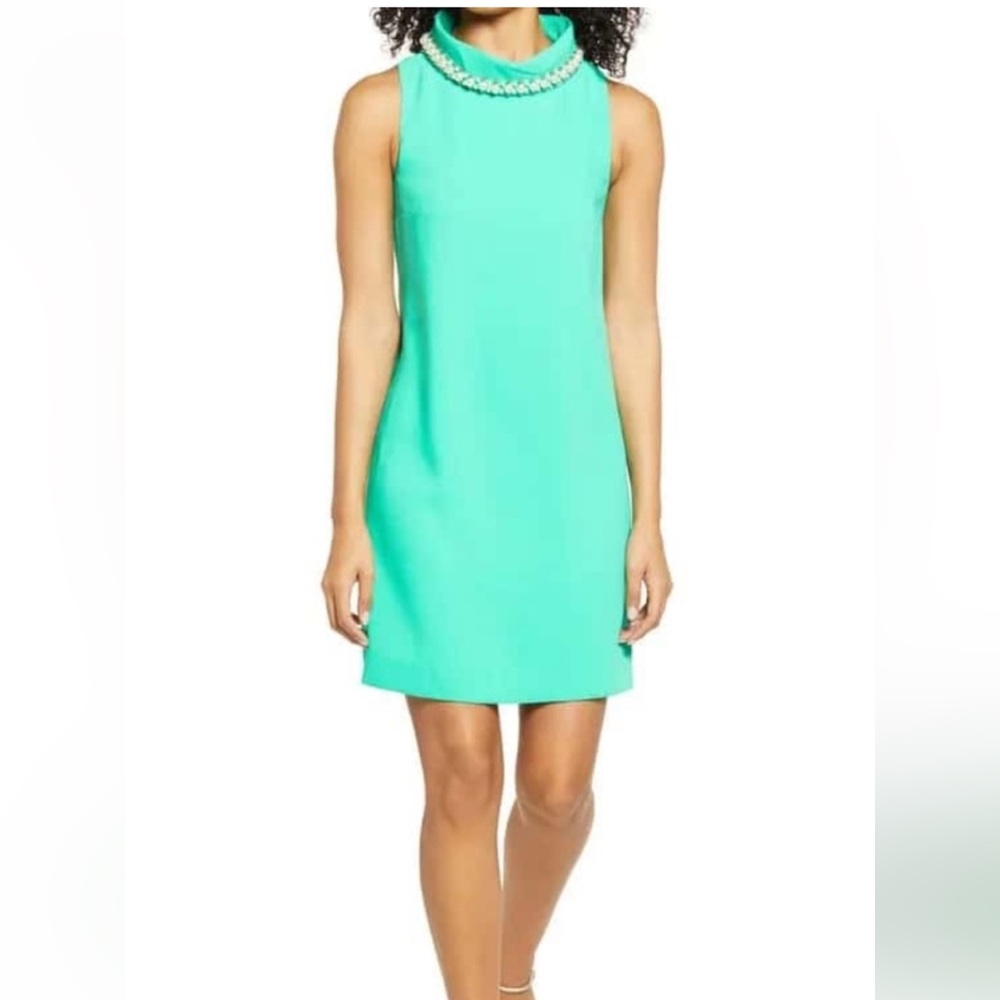 Lilly Pulitzer Portia Embellished Mock Neck Soft Shift Juniper Green Size 8.